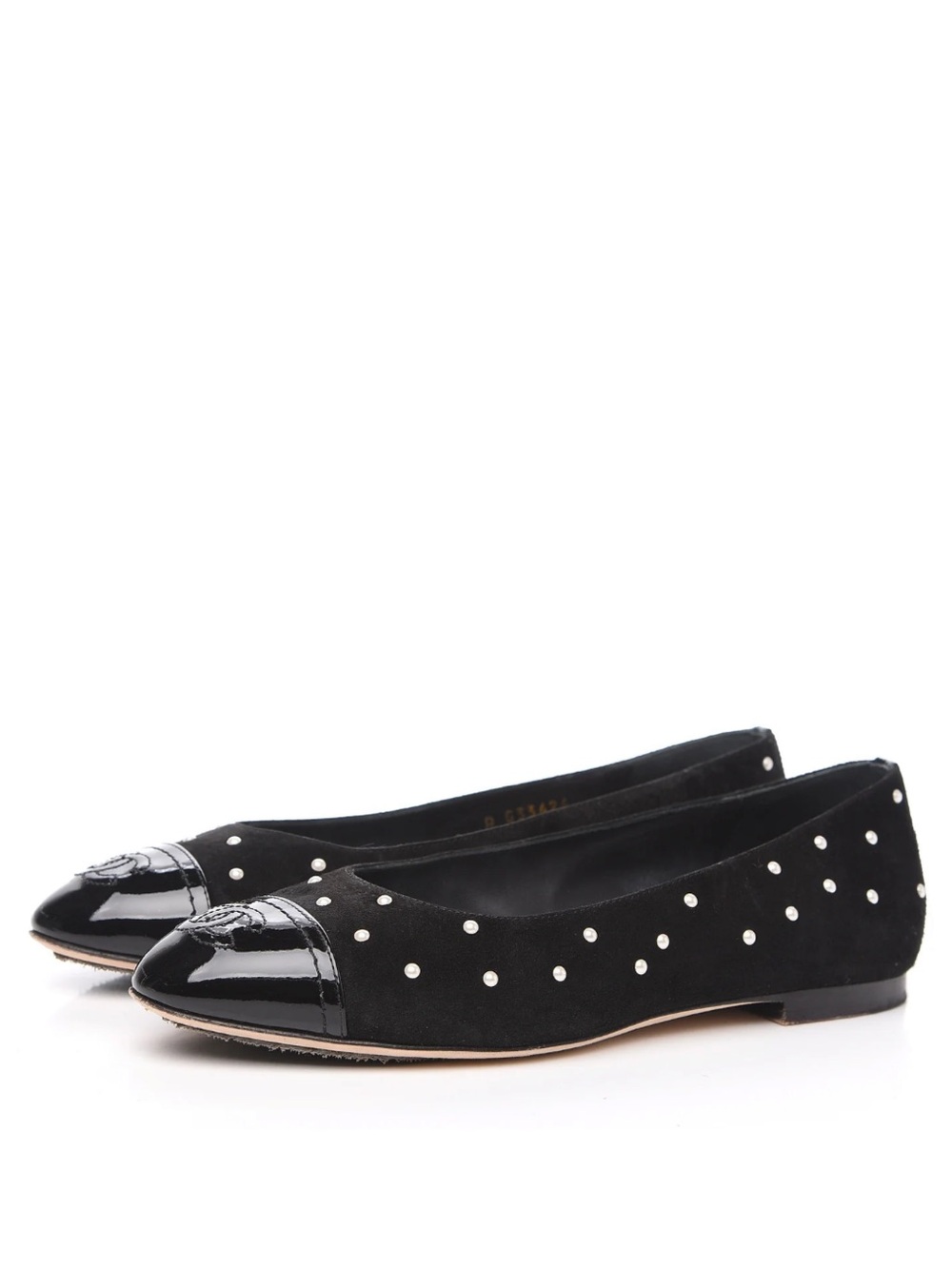 Chanel Black Suede Pearl Patent CC Cap Toe Ballerina Flats 36